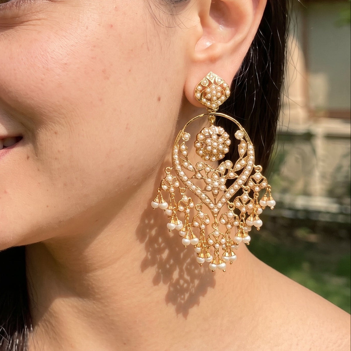 Statement Pearl Lattice Chandbali Earring | Embellished with Freshwater Pearls on Silver ER 779