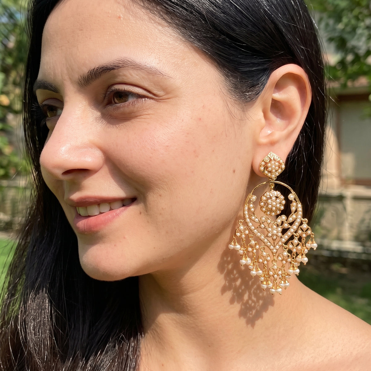 Statement Pearl Lattice Chandbali Earring | Embellished with Freshwater Pearls on Silver ER 779