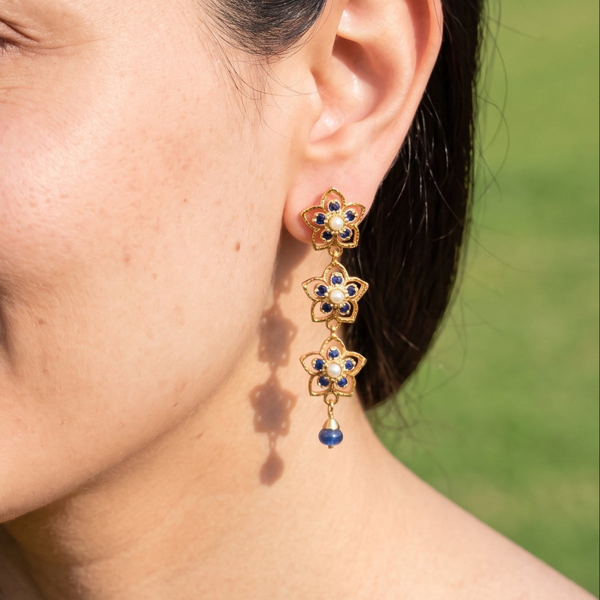 Blue Stone Floral Drop Earring | Gold Platedon 925 ER 774