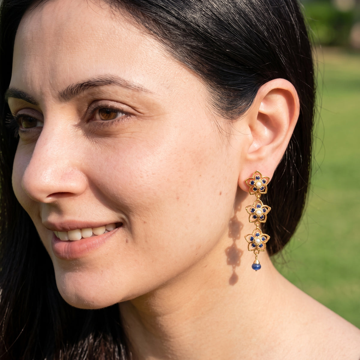 Blue Stone Floral Drop Earring | Gold Platedon 925 ER 774