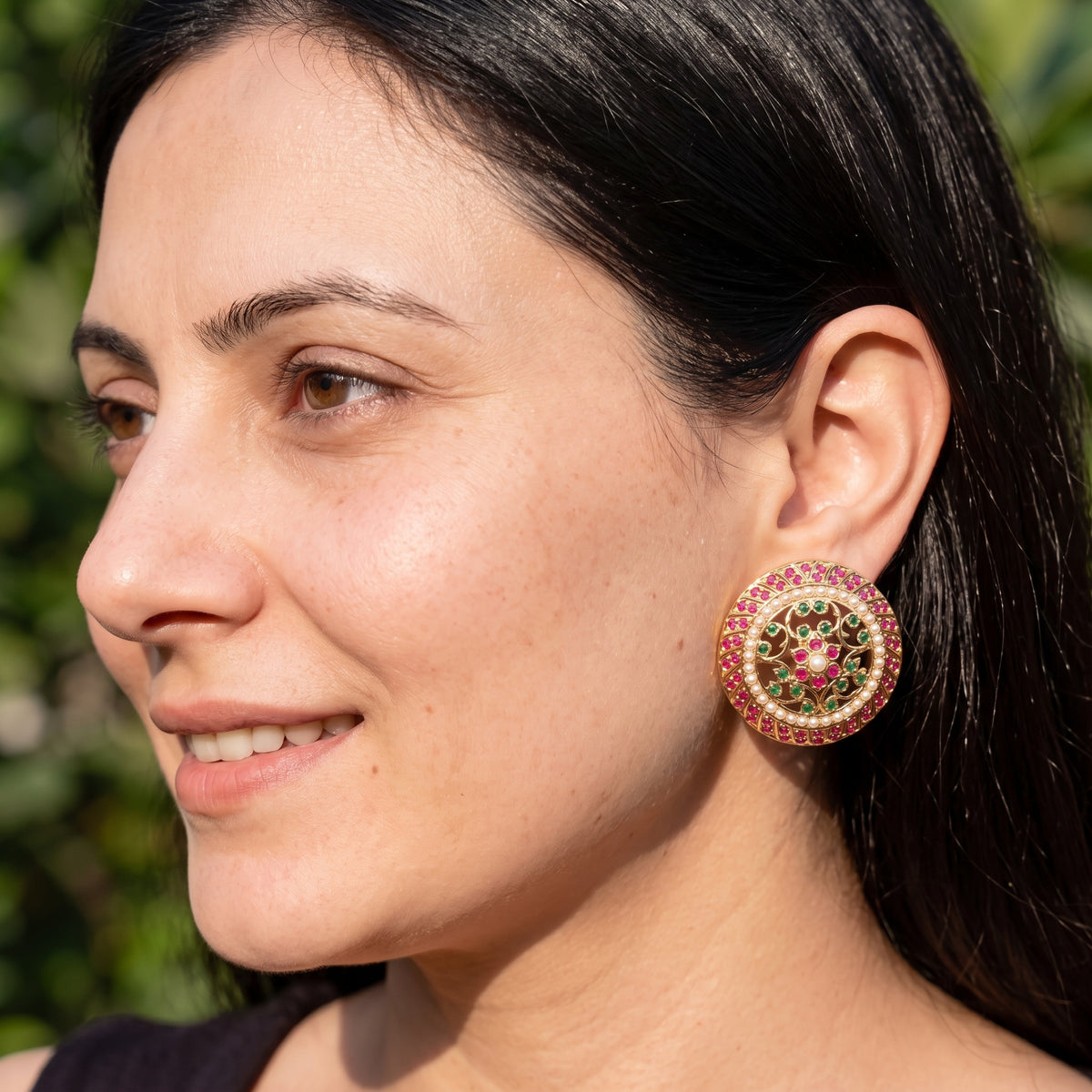 Pink And Green Floral Stud Earrings | Gold Plated on Silver ER 781