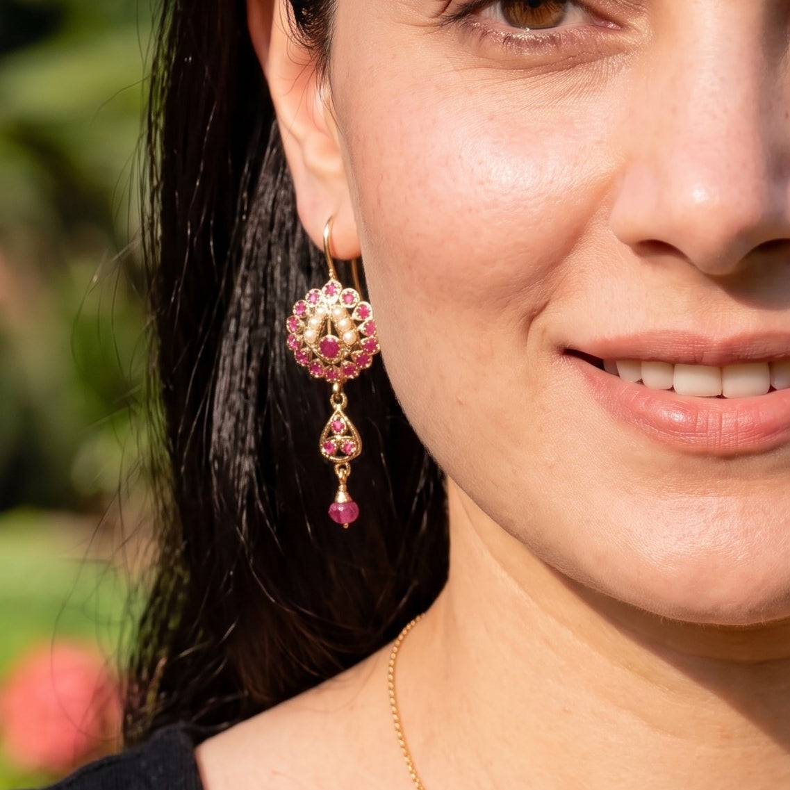 Pink Stone Pearl Floral Drop Earrings ER 783