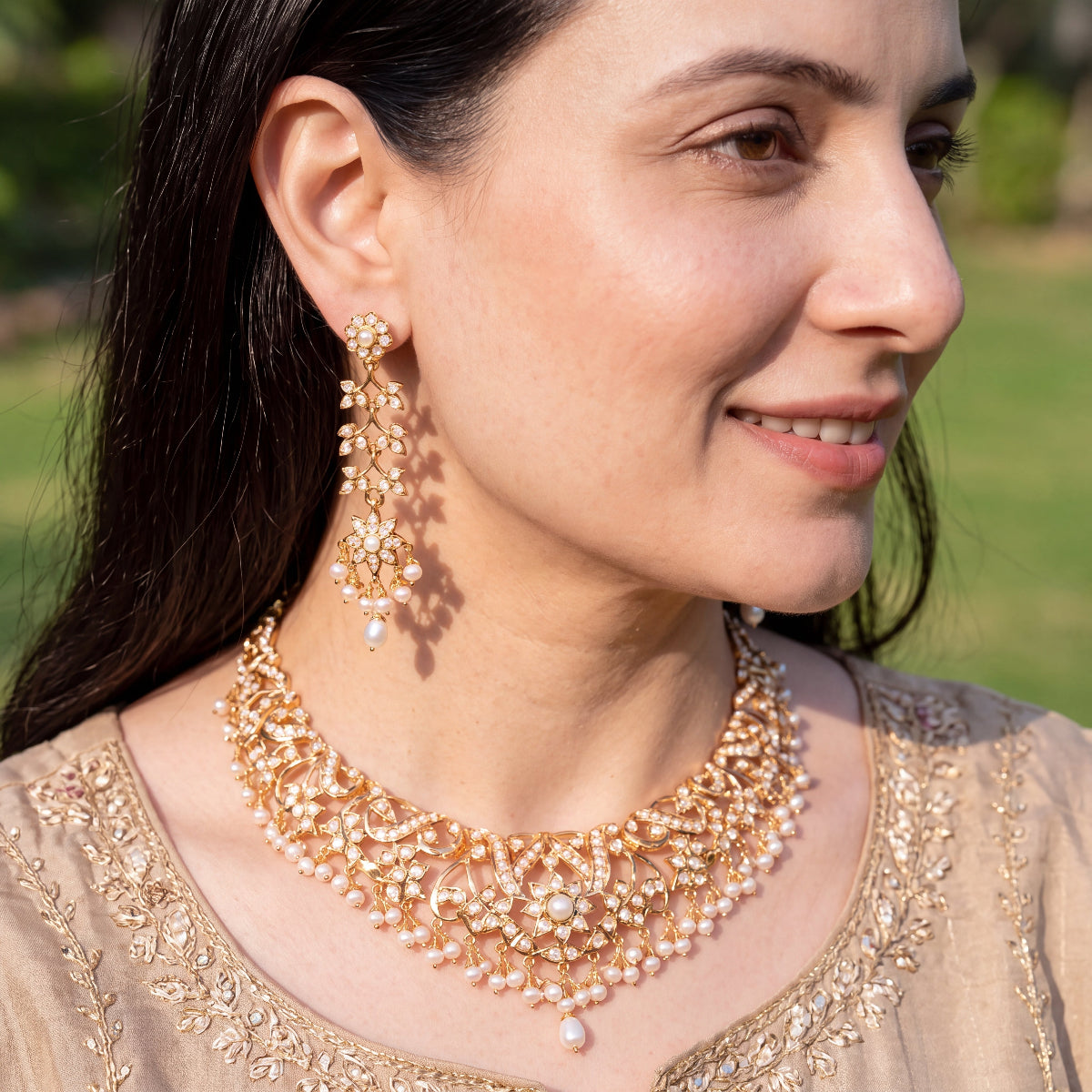 Pearl Drop Jadau-Style Necklace Set | Freshwater Pearls & 925 Silver with Gold Plating NS 481