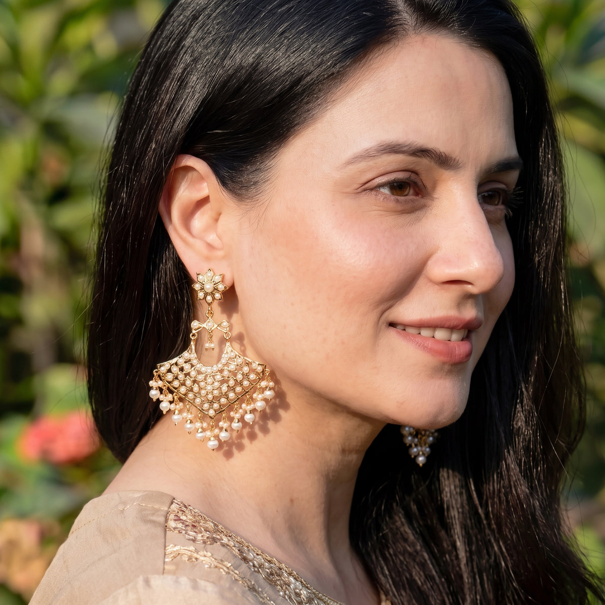 Pearl Jadau Chandbali Earrings in Gold-Plated Silver ER 791