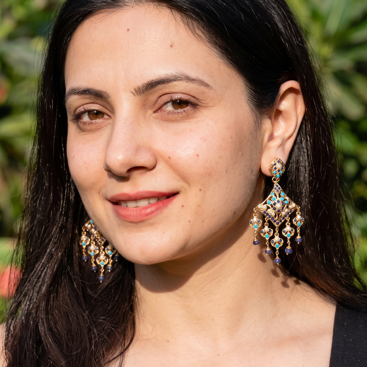 Turquoise, Sapphire Blue & Pearl Statement Earrings in Gold-Plated Silver ER 789