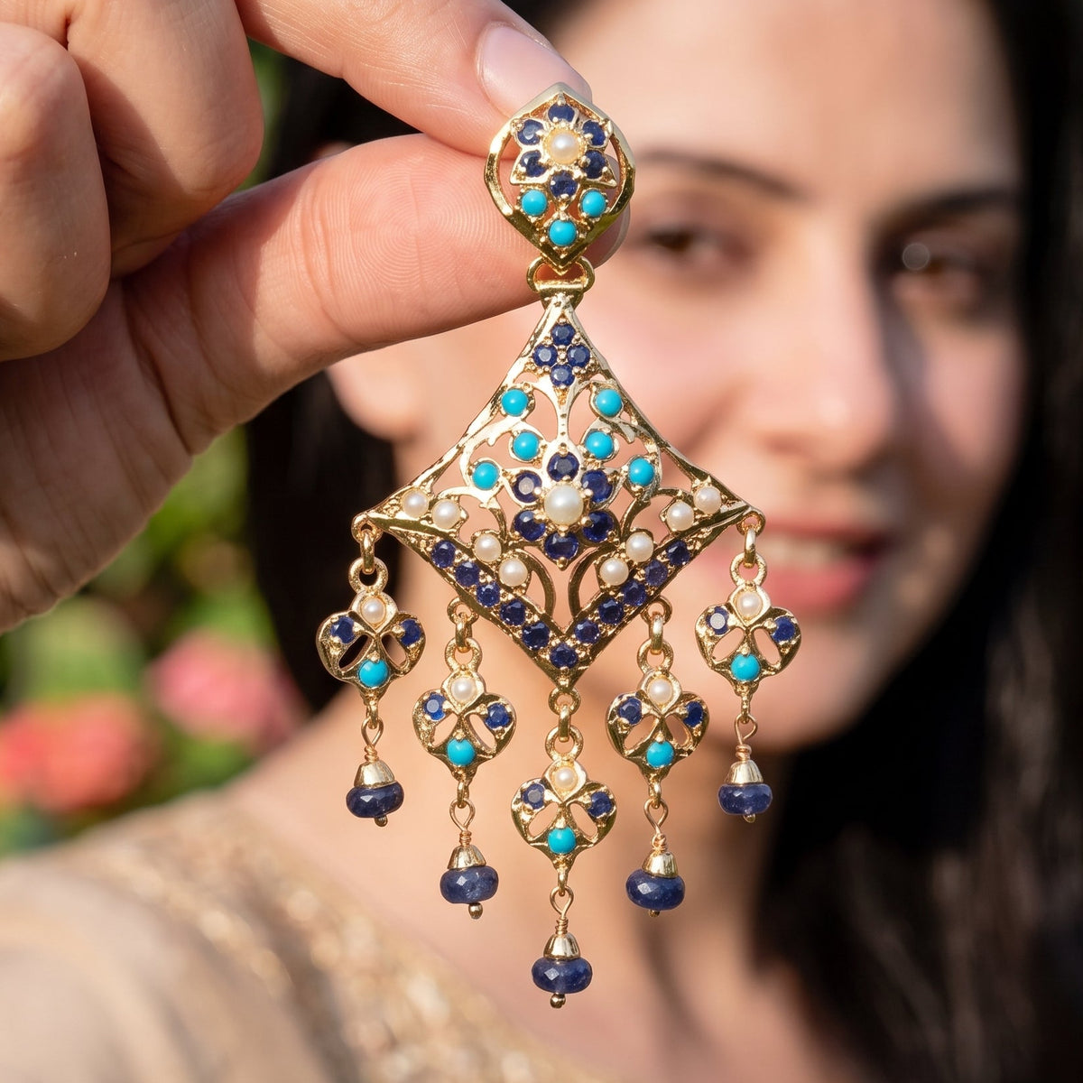 Turquoise, Sapphire Blue & Pearl Statement Earrings in Gold-Plated Silver ER 789