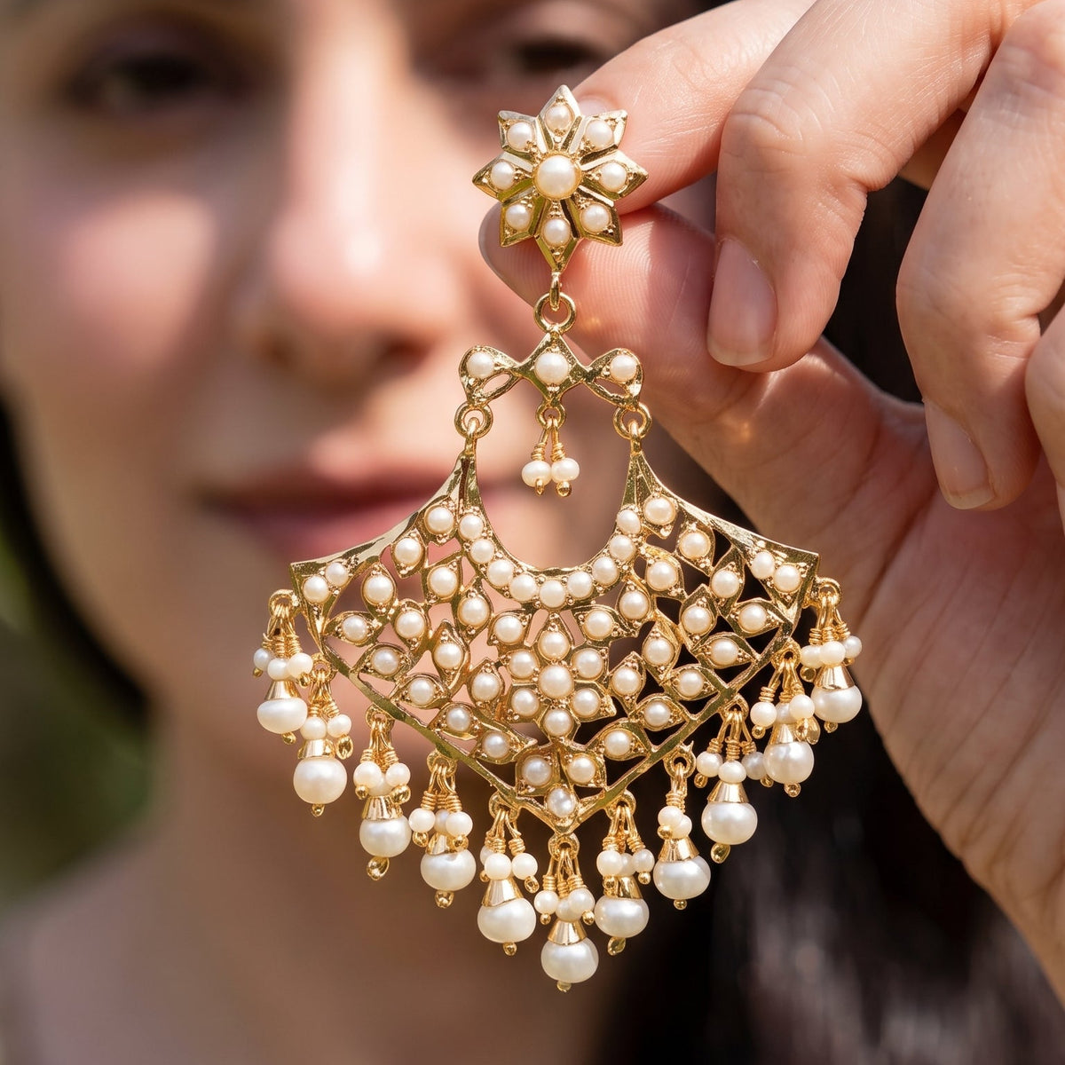Pearl Jadau Chandbali Earrings in Gold-Plated Silver ER 791