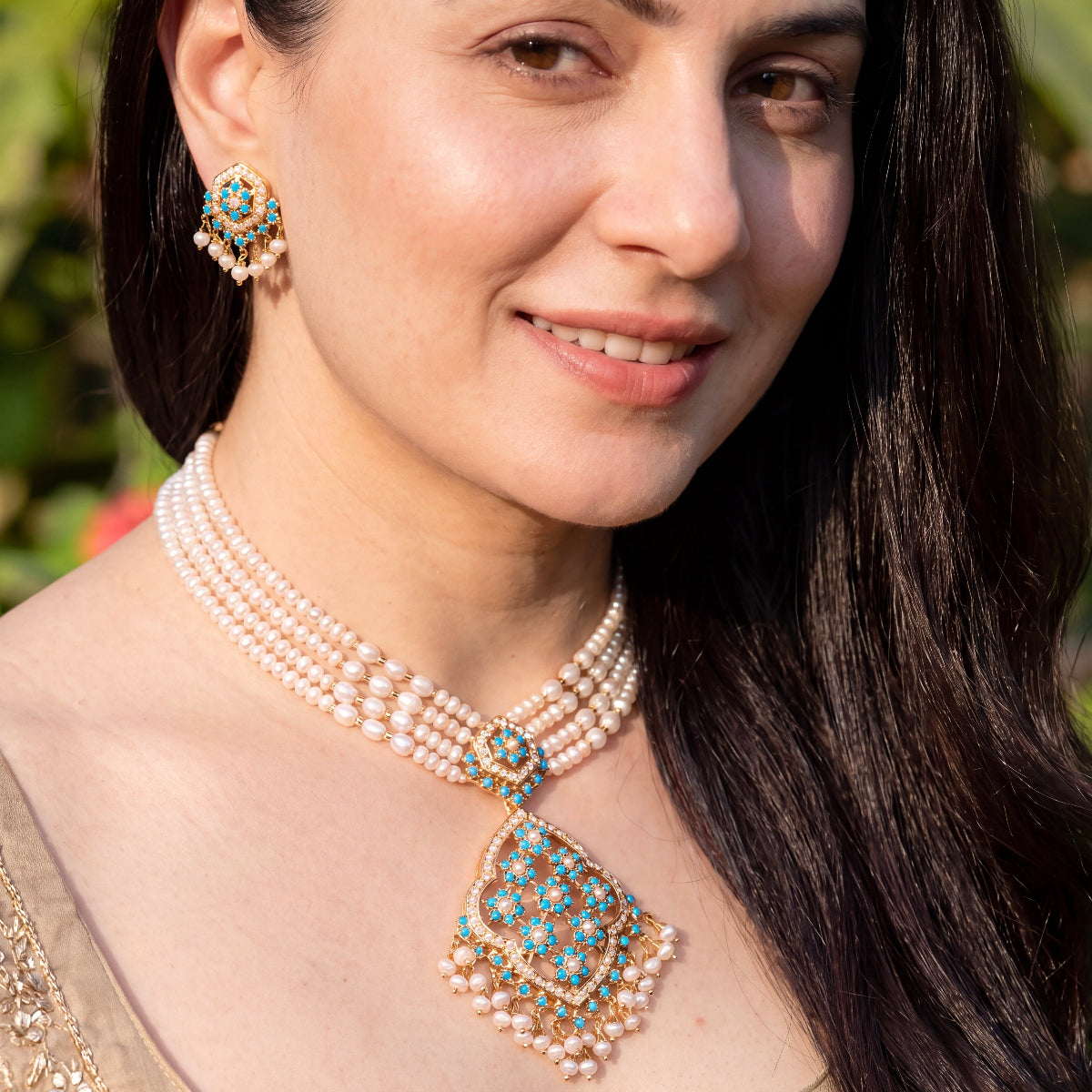 Floral Pearl & Turquoise Choker Necklace Set | Gold Plated on 925 Silver NS 492