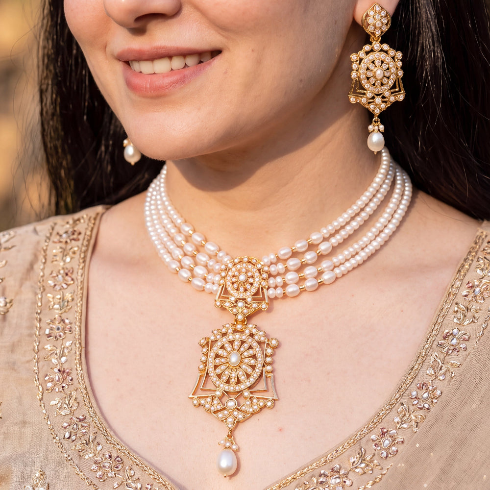 Vintage-Inspired Pearl Choker Set with Statement Earrings | Gold Plated 925 Silver NS 498