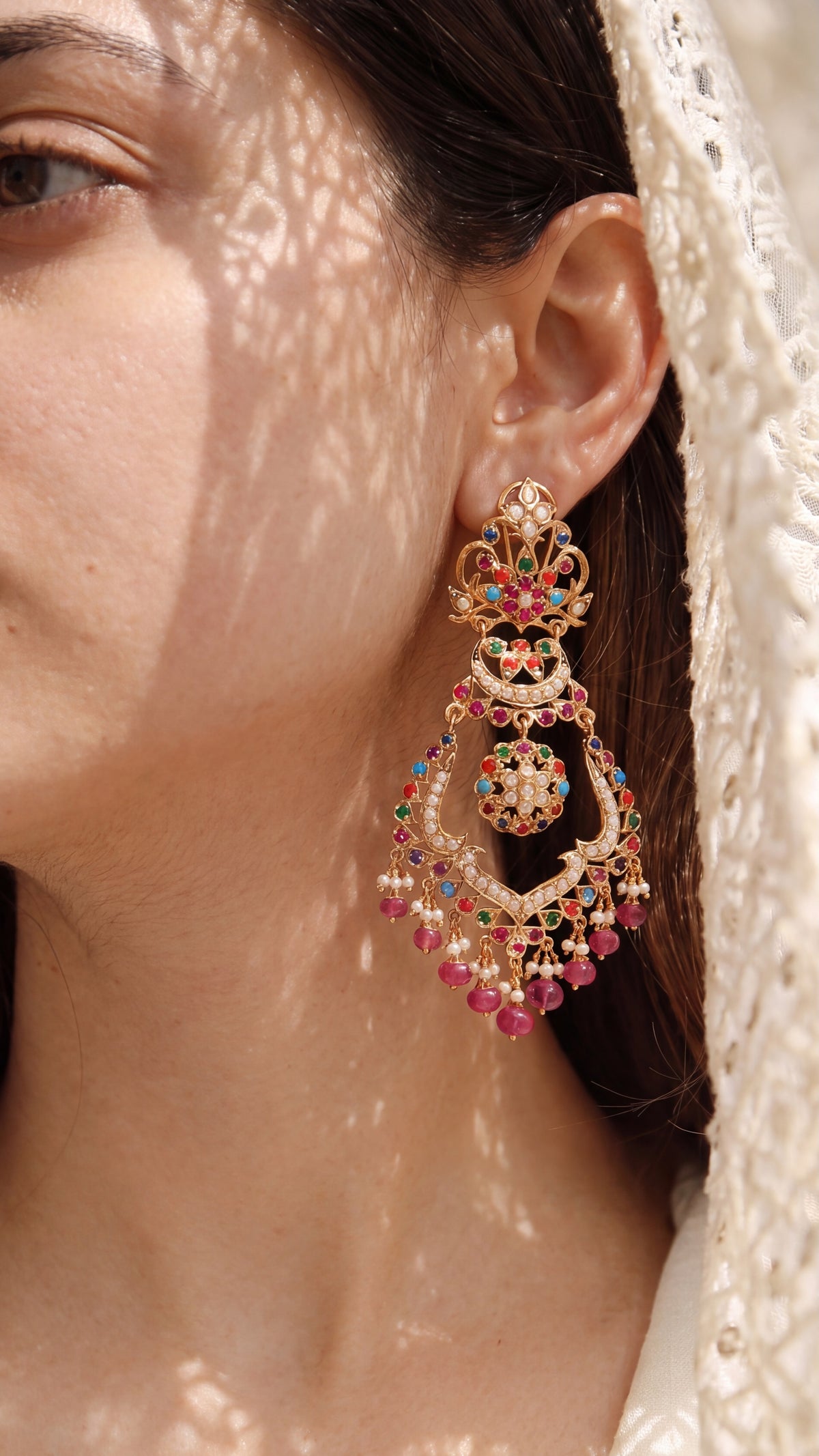 Tall Navratna Jadau Chandbalis | Gold Plated on Silver ER 797