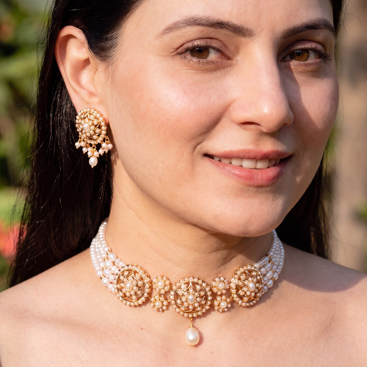Floral Pearl Choker Set with Matching Stud Earrings | Gold Plated on Silver NS 495