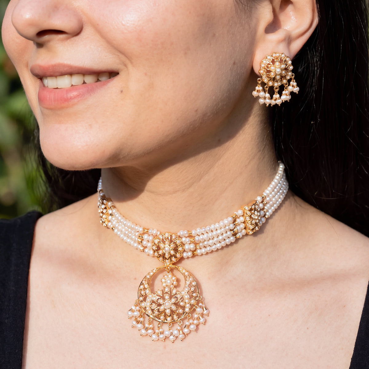 Pearl Choker Set with Floral Medallions & Matching Earrings | Gold Plated on 925 Silver NS 494