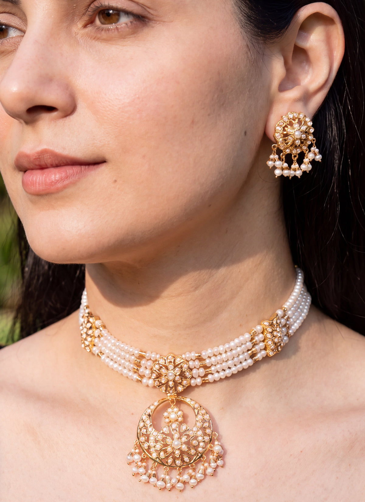 Pearl Choker Set with Floral Medallions & Matching Earrings | Gold Plated on 925 Silver NS 494