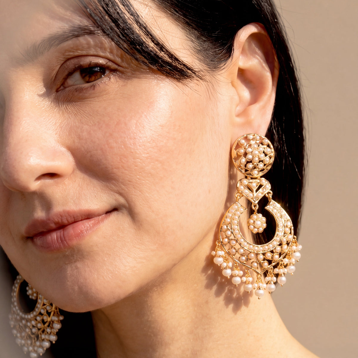 Statement Pearl Chandbali Earrings in Gold-Plated Silver ER 798