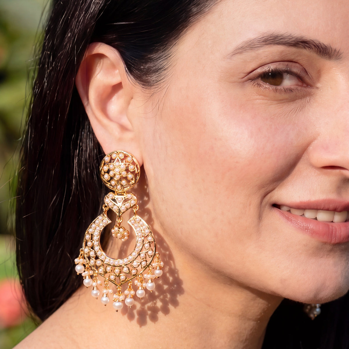 Statement Pearl Chandbali Earrings in Gold-Plated Silver ER 798