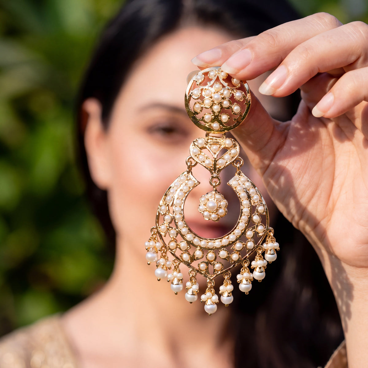 Statement Pearl Chandbali Earrings in Gold-Plated Silver ER 798