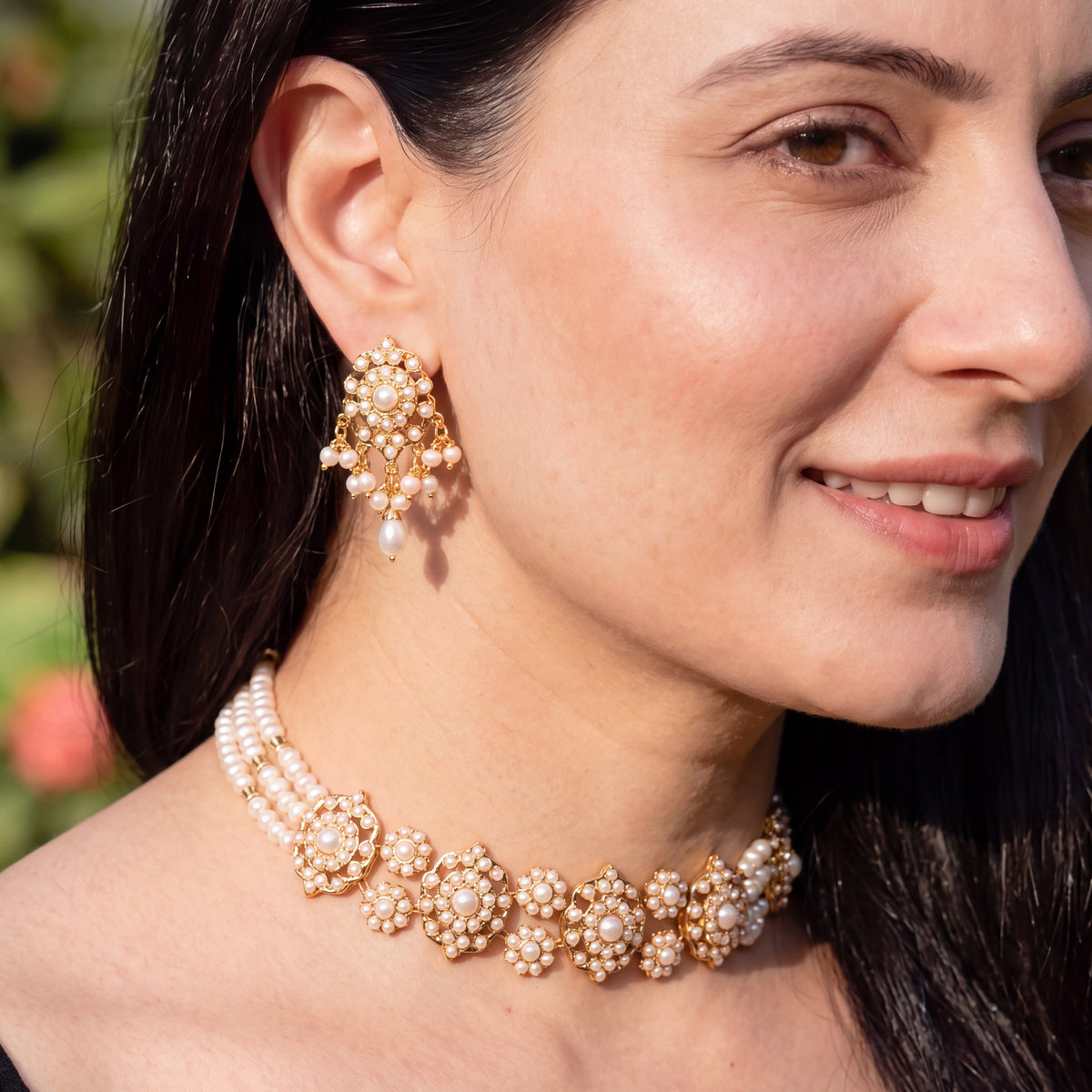 Elegant Pearl Choker Set Matched with Stud Earrings | Gold Plated on 925 Silver NS 497