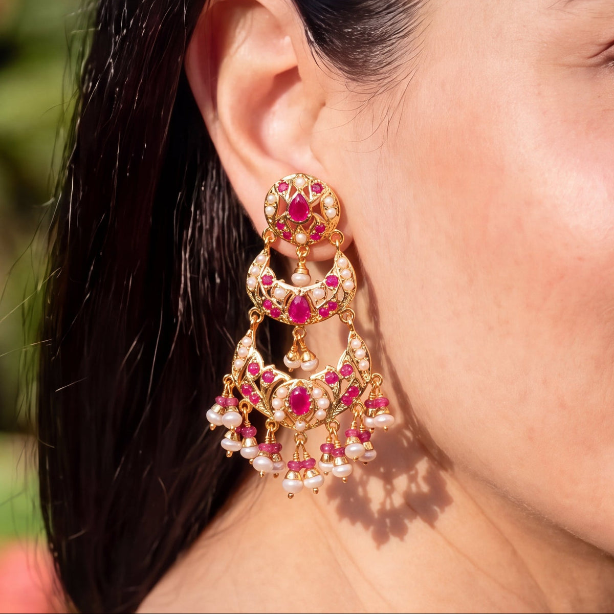 Ruby-Toned & Pearl Tiered Chandbali Earrings | Gold Plated on 925 Silver ER 804