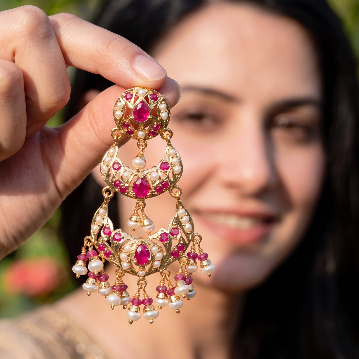 Ruby-Toned & Pearl Tiered Chandbali Earrings | Gold Plated on 925 Silver ER 804
