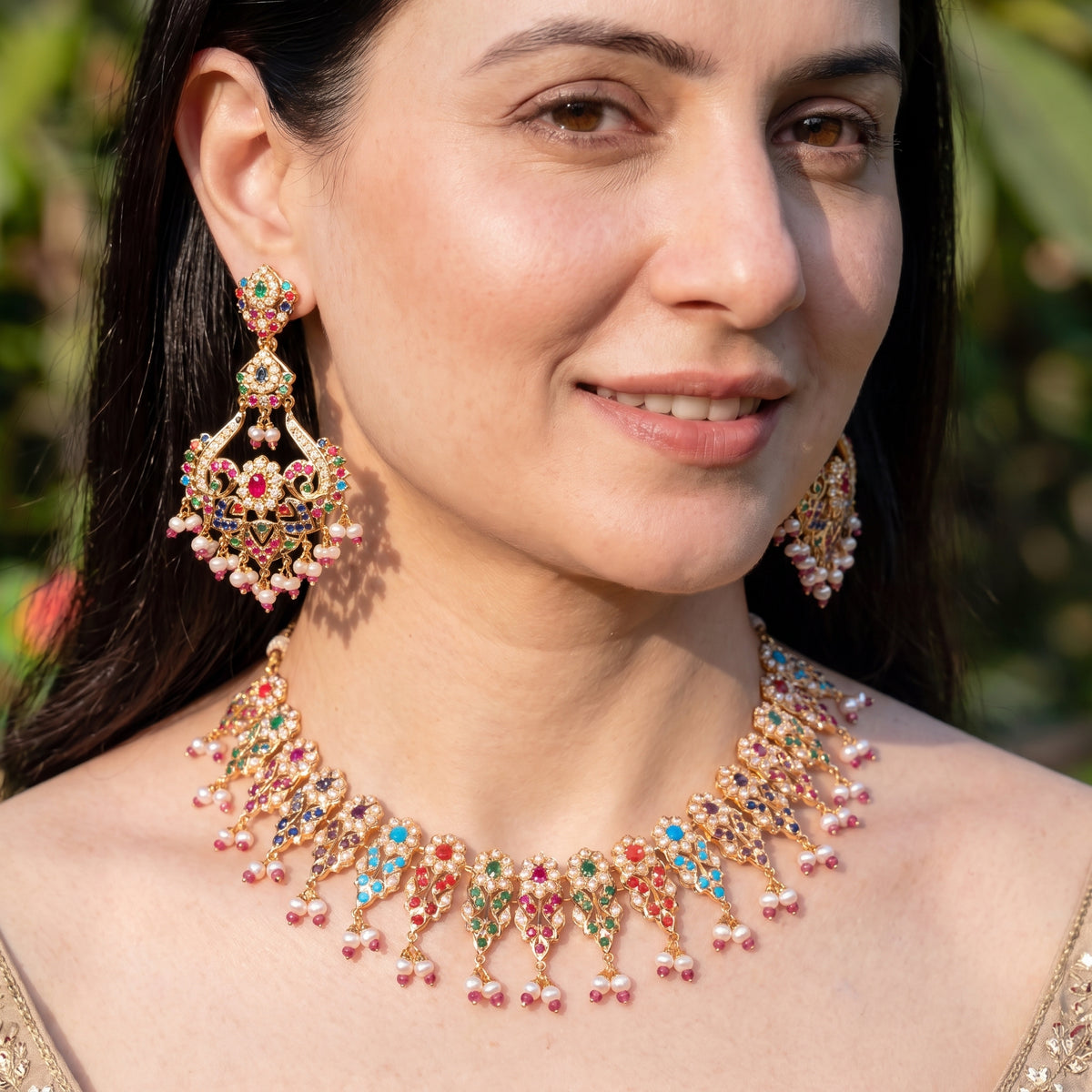 Exquisite Jadau Navratna Set with Statement Earrings | Gold Plated on 925 Silver NS 500