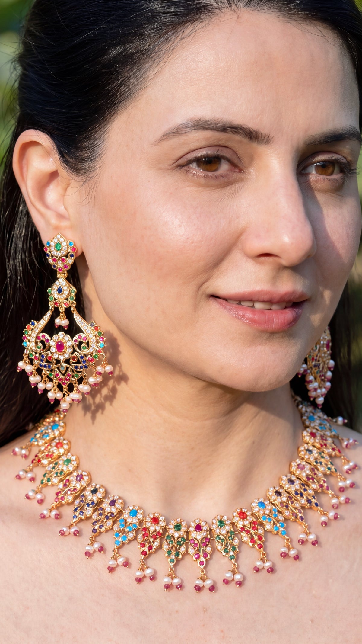 Exquisite Jadau Navratna Set with Statement Earrings | Gold Plated on 925 Silver NS 500