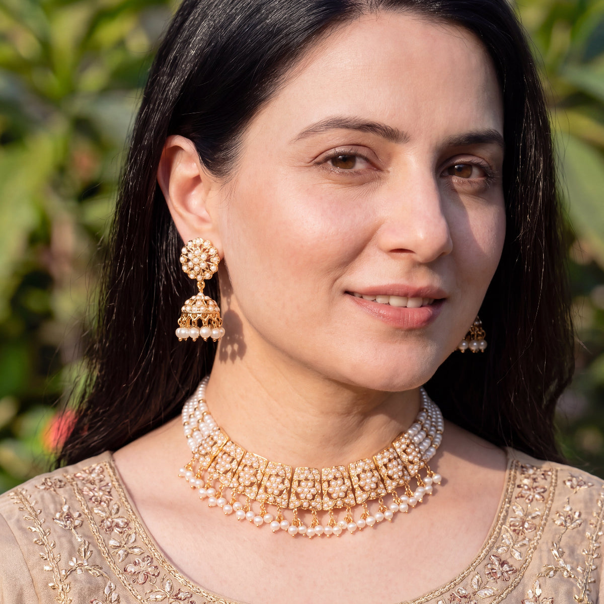 Pearl Jadau Choker Set with Jhumka Earrings in Gold-Plated 925 Silver NS 502