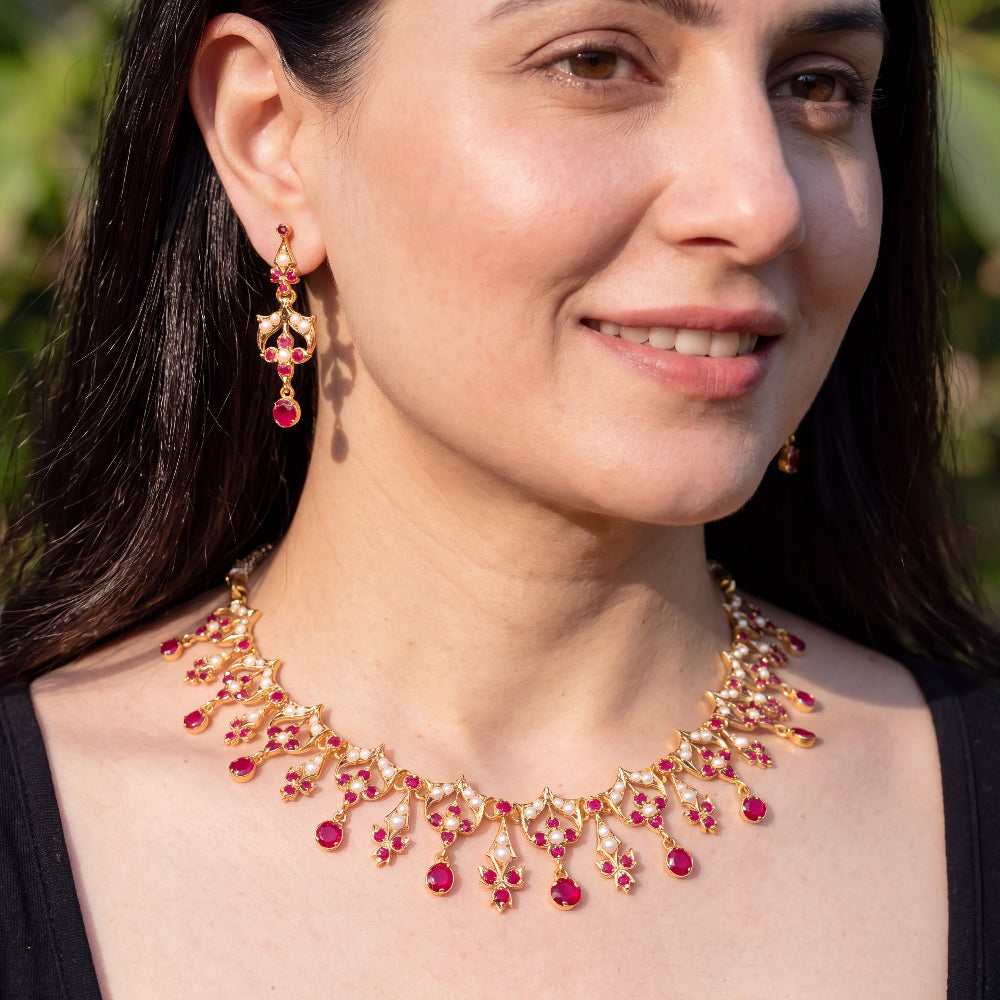 Antique-Inspired Ruby & Pearl Jadau Necklace Set in Gold-Plated 925 Silver NS 503