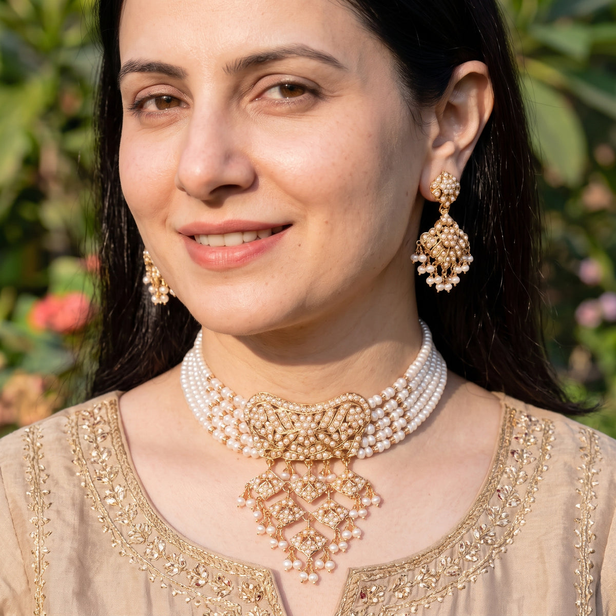 Jaal Wala Pearl Choker Set with Drop Earrings | Gold Plated on Silver NS 509