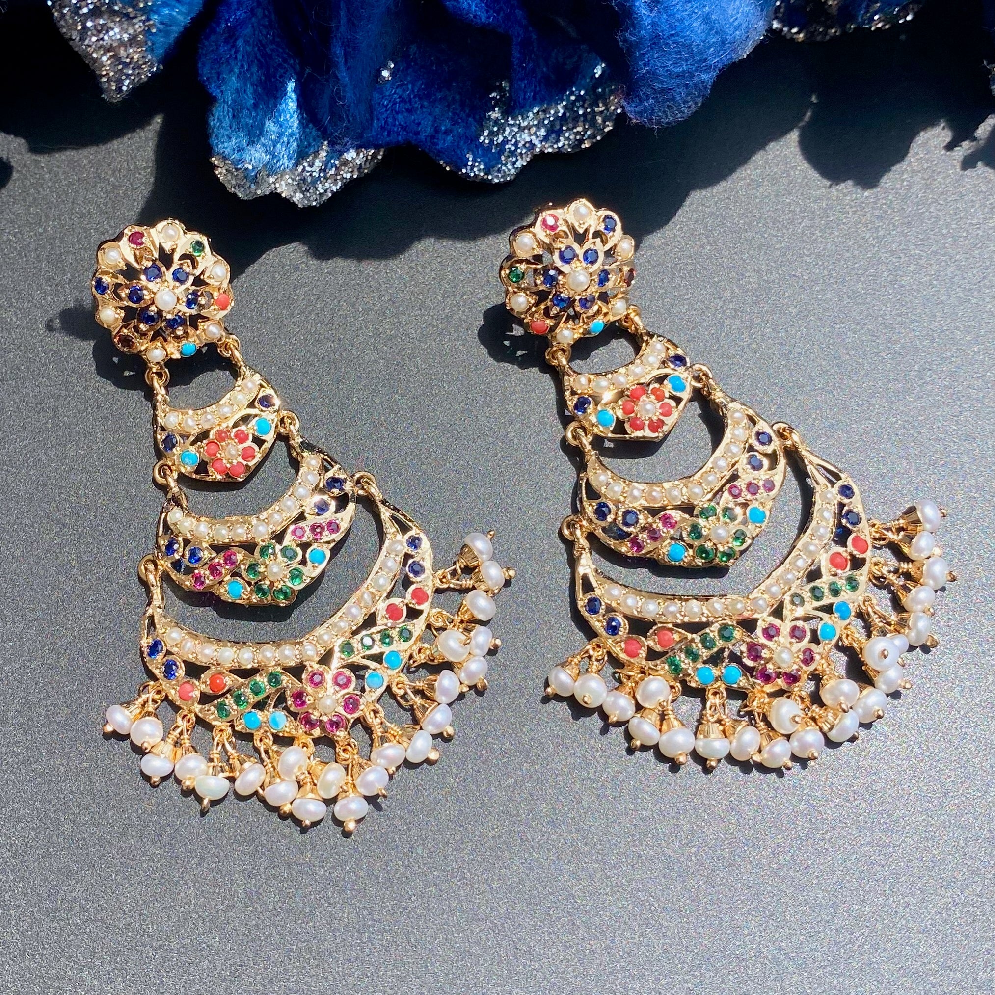 Long Navratna Danglers | Heritage Punjabi Jadau Jewelry | Gold Plated on Silver