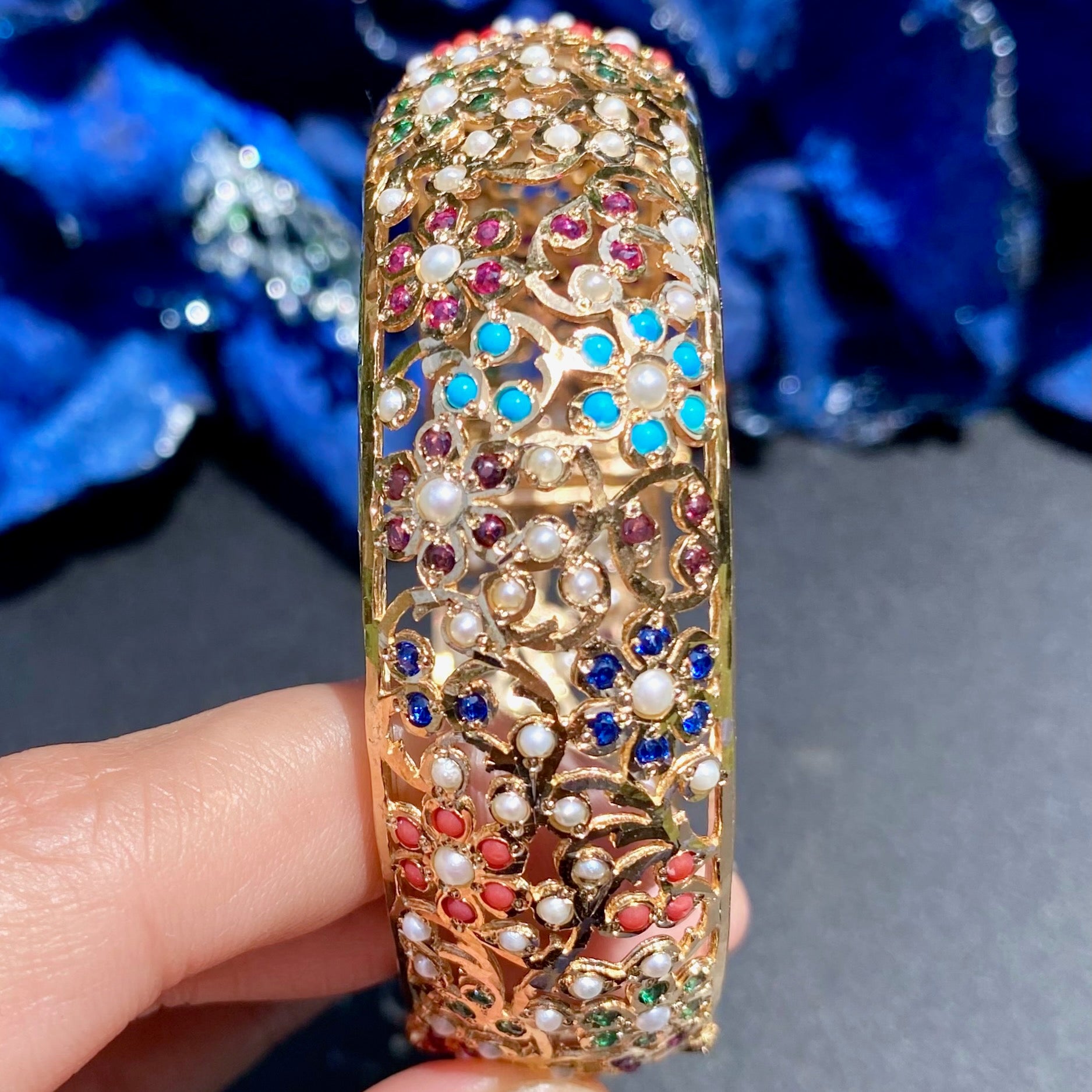 Floral Navratna Kada on 925 Silver Base with Gold Plating BG 175