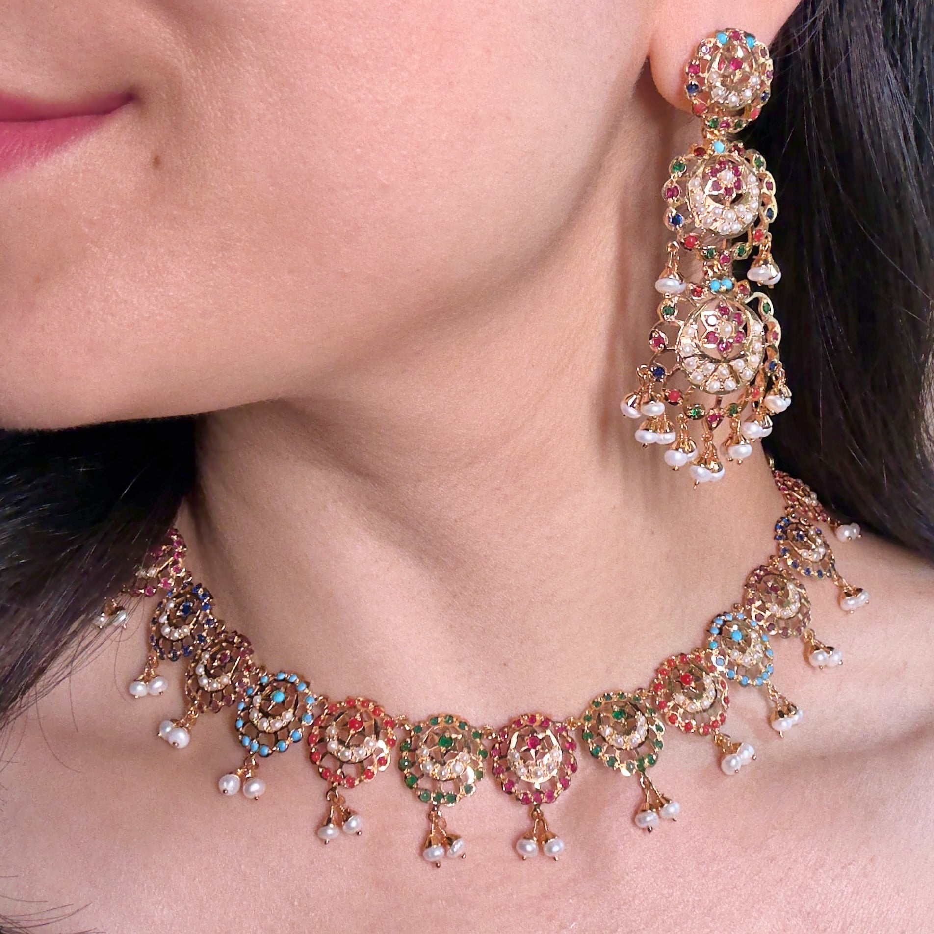 Exquisite Navaratna Necklace with Long Danglers | Premium Indian Jadau Jewelry on Silver with Gold Plating