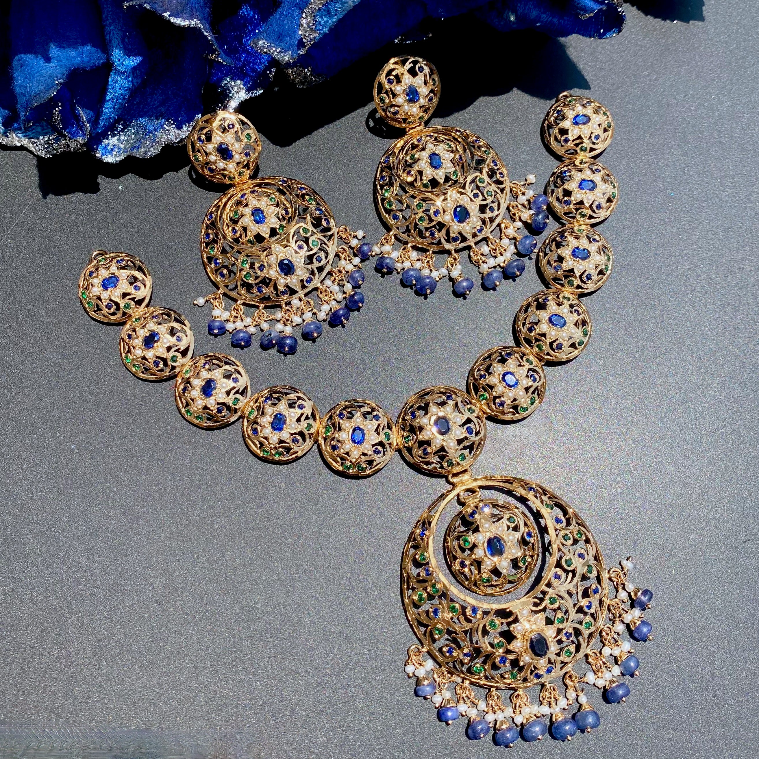 Antique Style Necklace Set | Gold Plated on Silver | Unique Color Combination