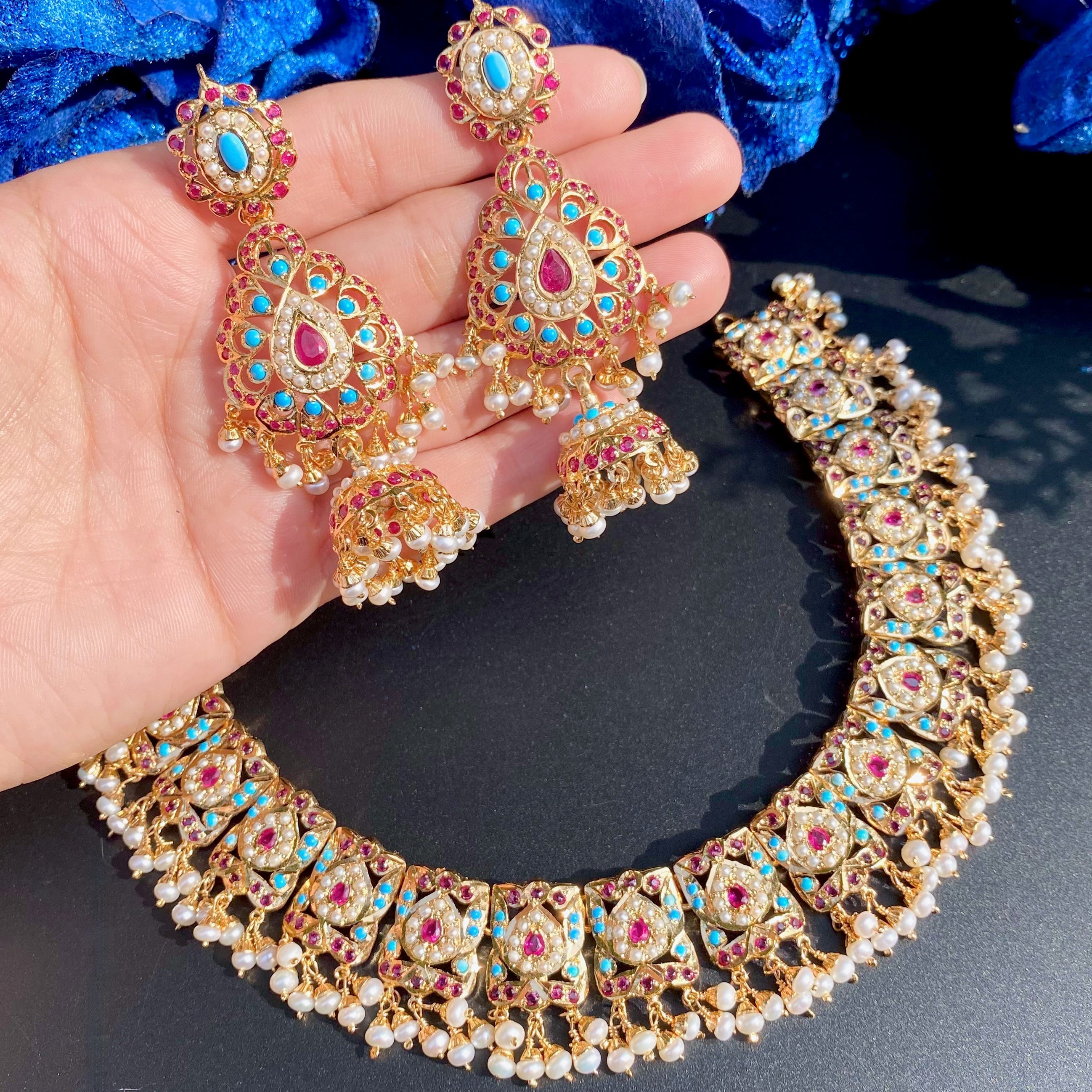 Multicoloured Jadau Necklace Set | Traditional Jadau Necklace with Jhumkas NS 215