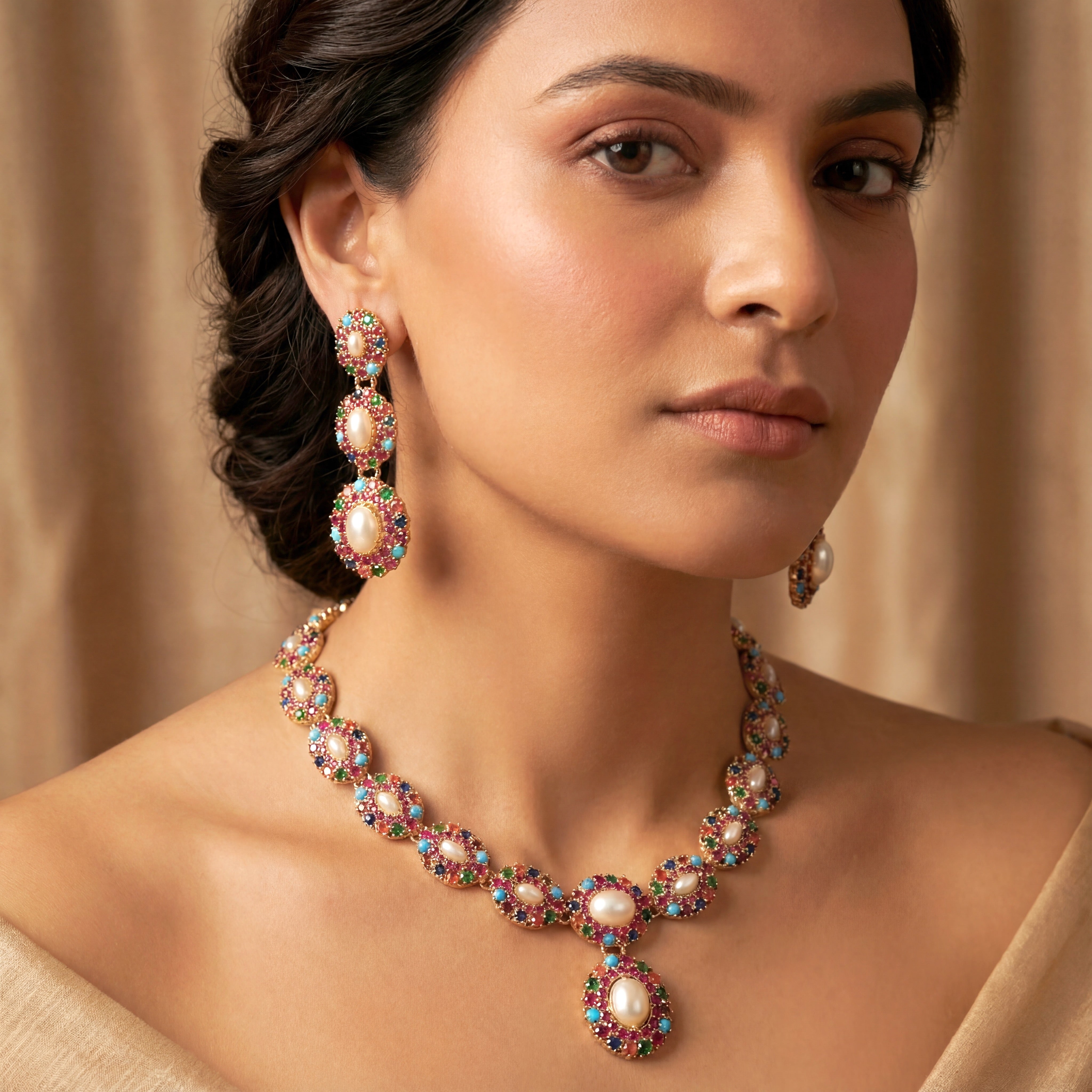 Unique Navratna Necklace Set | Gold Plated on Silver Jewelry | NS 420