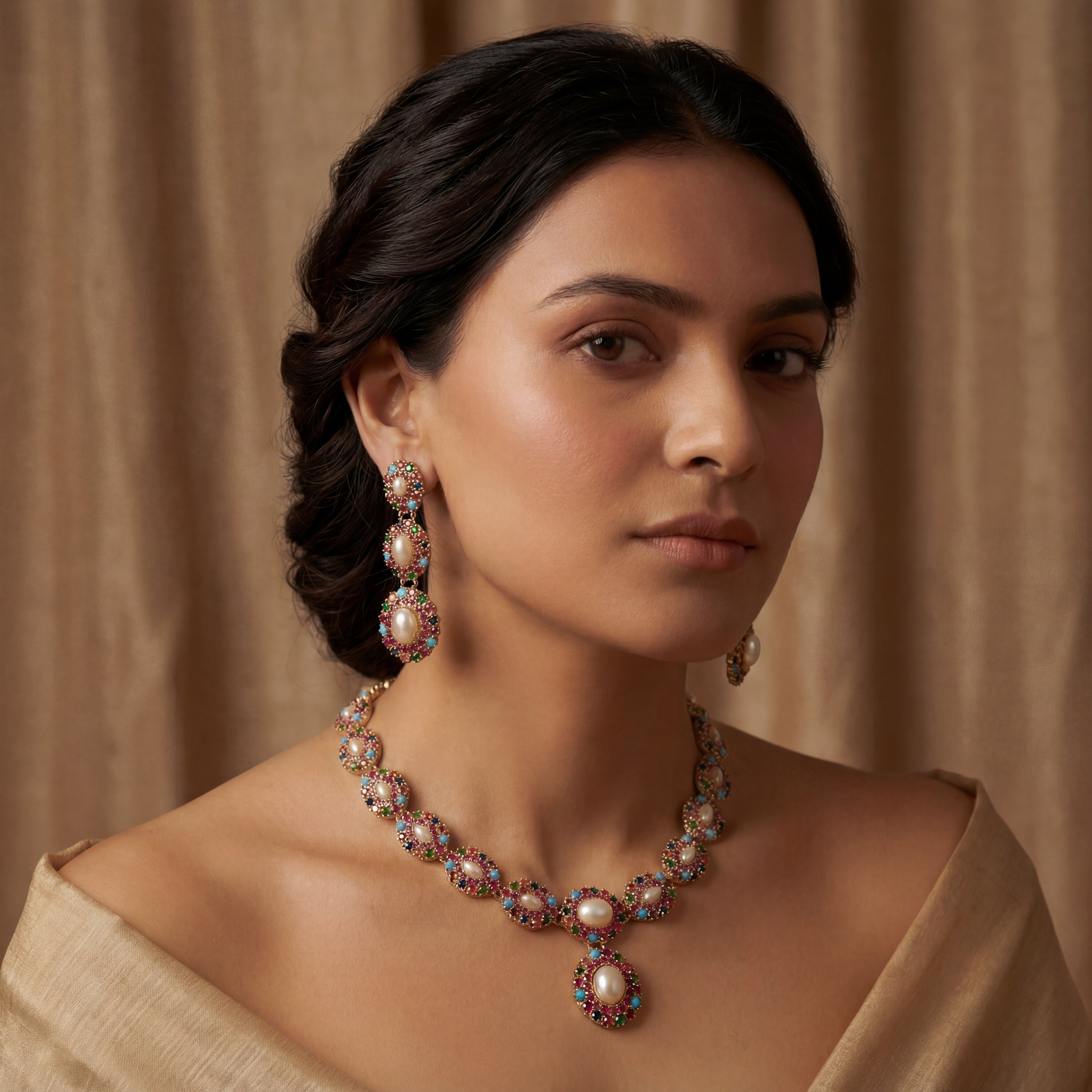 Unique Navratna Necklace Set | Gold Plated on Silver Jewelry | NS 420