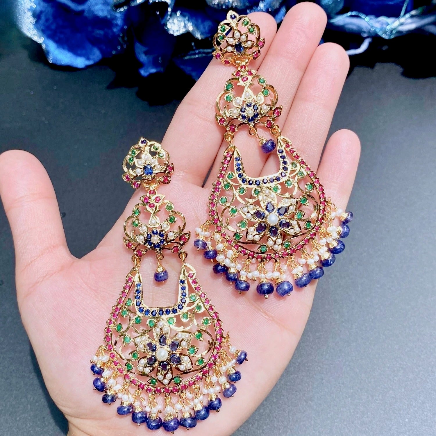 Gold Plated Chandelier Earrings | Multicolored Jadau Jewelry ER 599