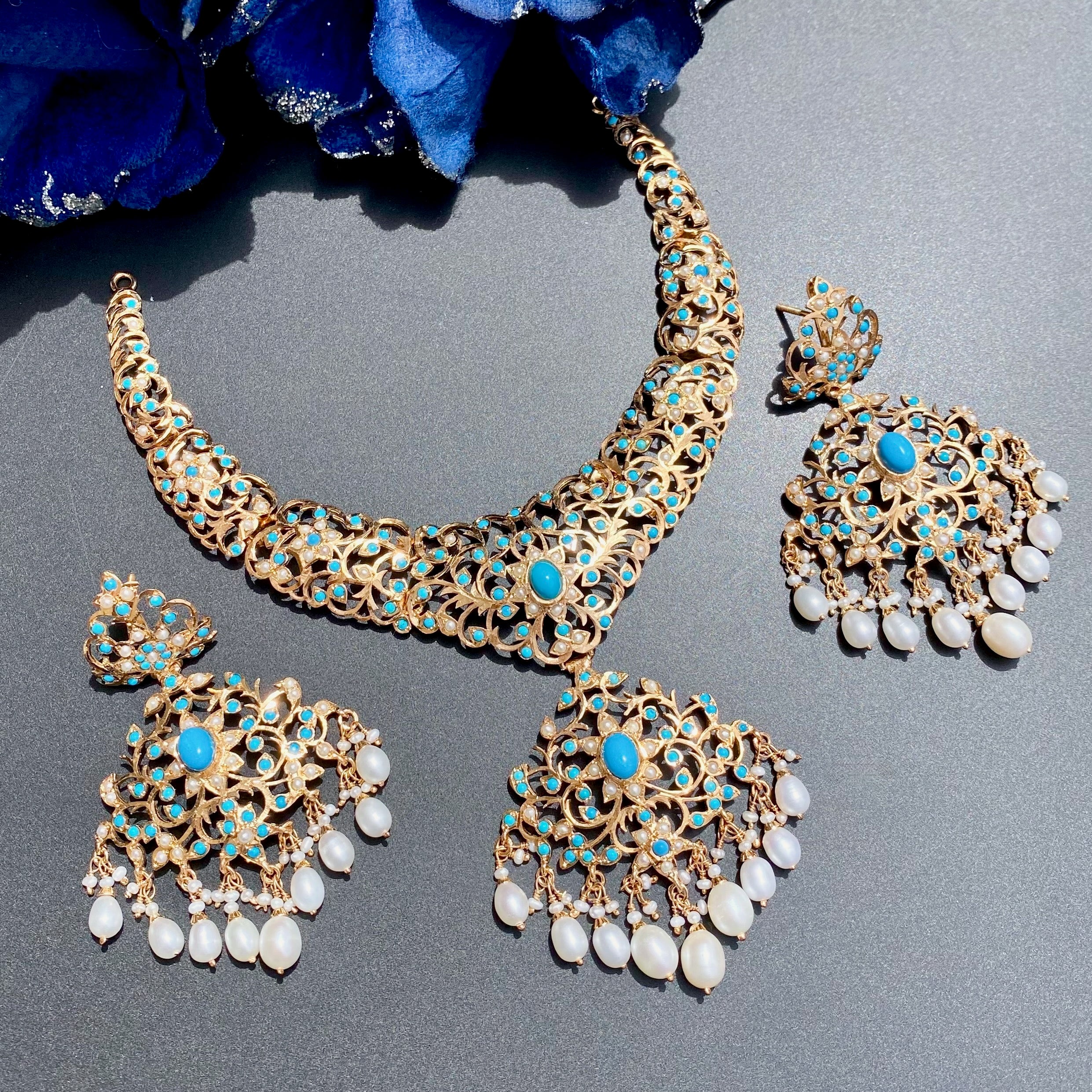 Turquoise Necklace Set | Gold Plated on Silver | Handmade Indian Jewelry Online