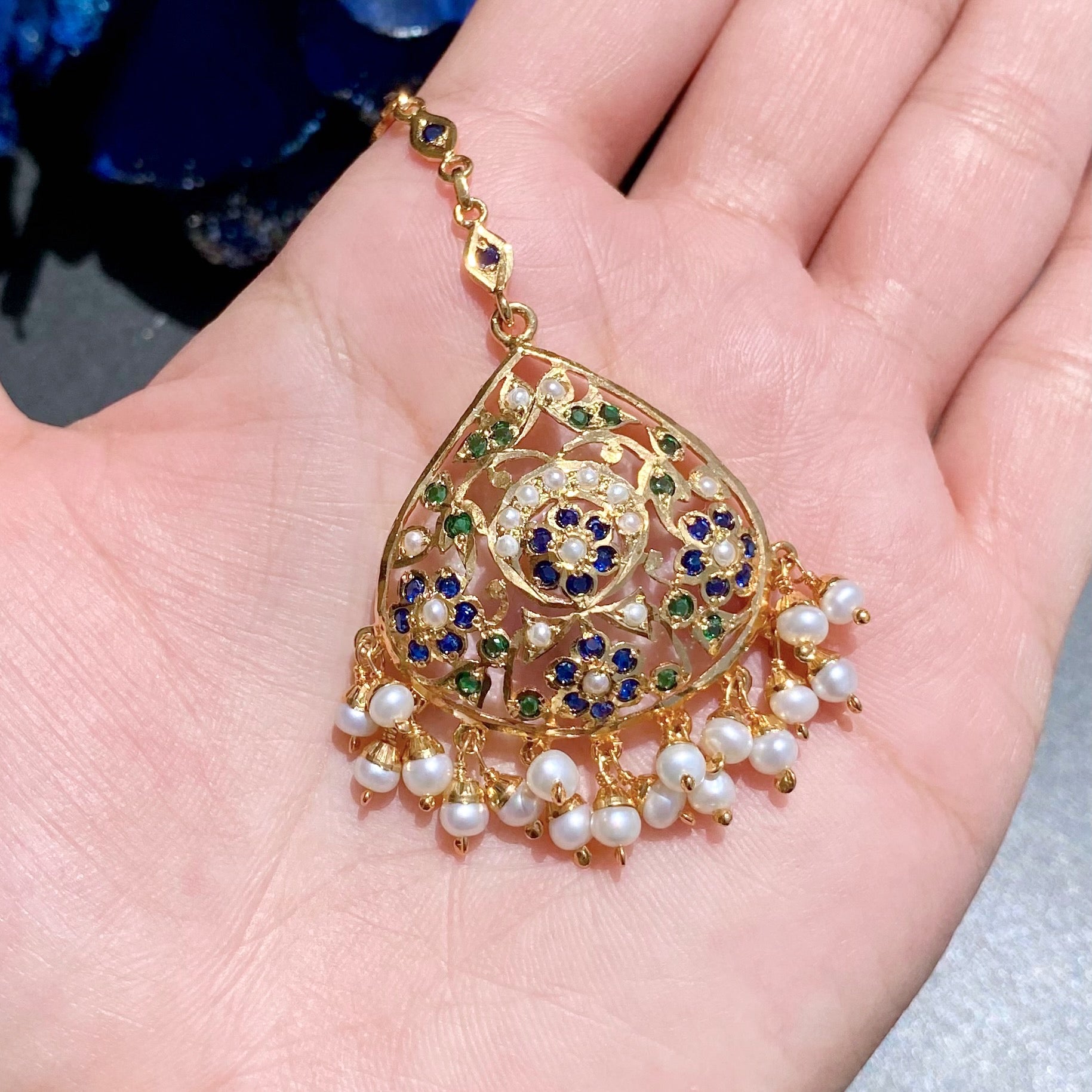 Floral Jadau Maang Teeka Bindiya| Blue Green Color Combination | Gold Plated on Silver