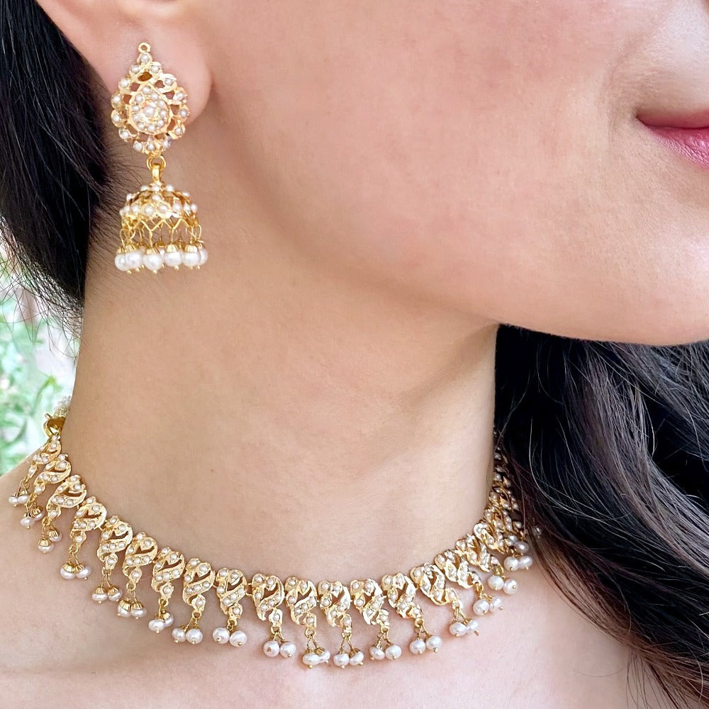 pearl necklace with jhumki gold