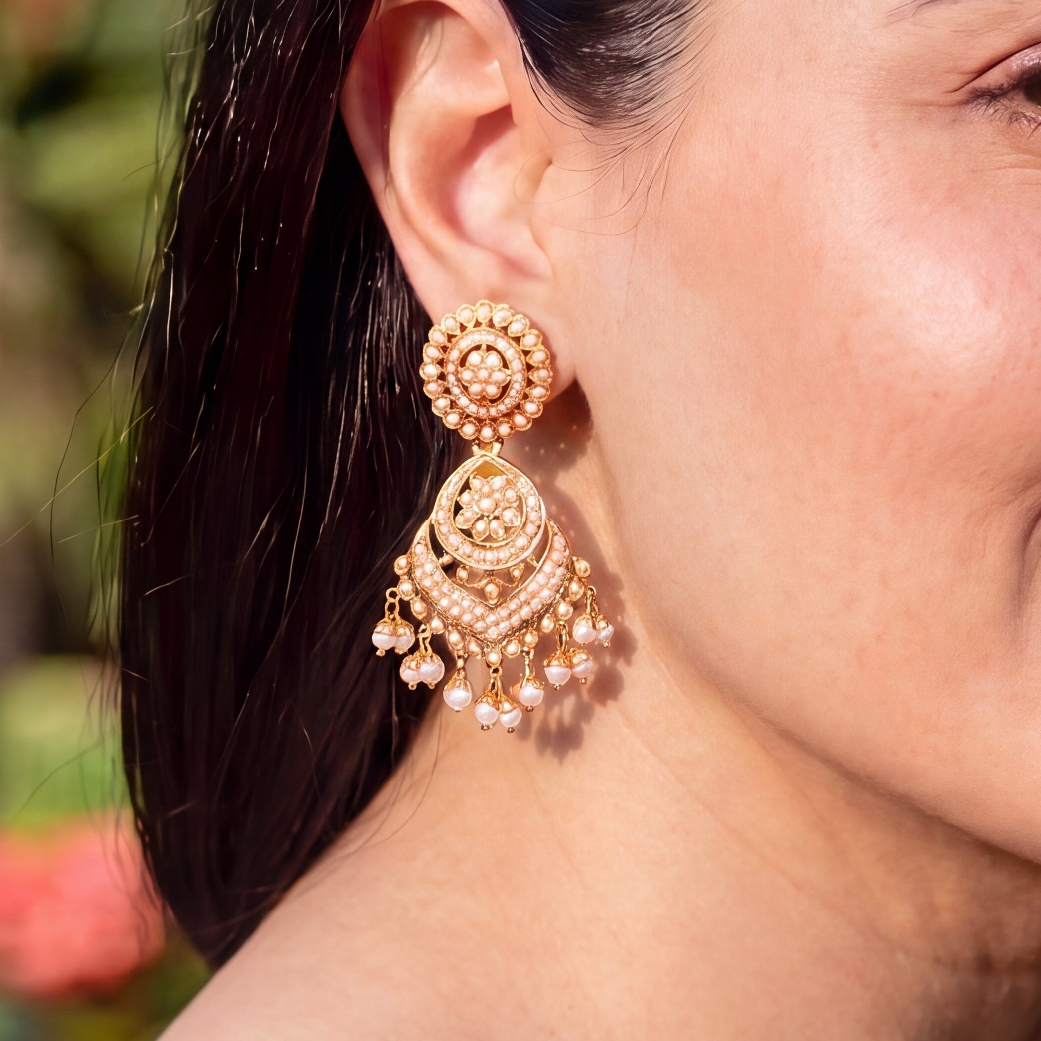 Gold Plated Traditional Jadau Pearl Earrings in Silver ER 214
