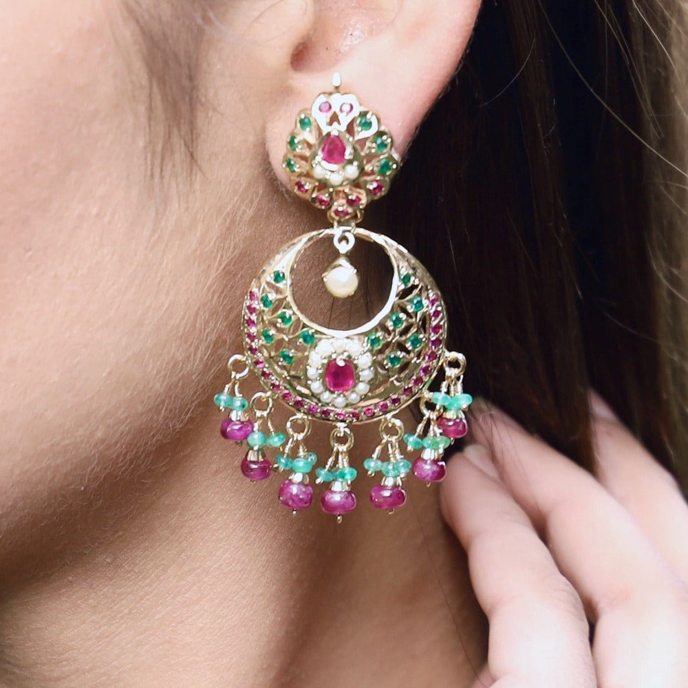 Multicolored Jadau Chandbali Earrings in Gold Plated Silver ER 121