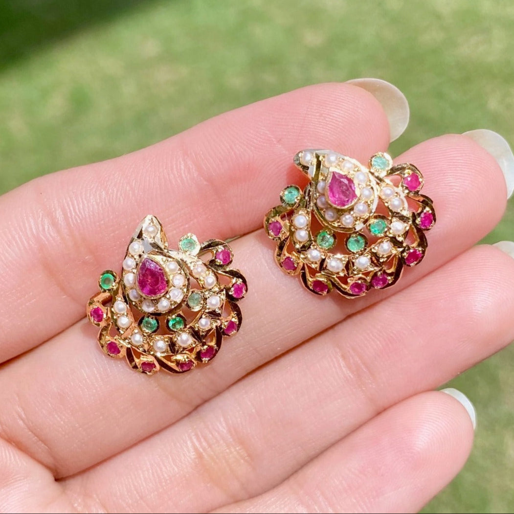 Shop 22k Gold Hyderabadi Jadau Tops |  Ruby Emerald Earrings on Gold For Gifting GER 091