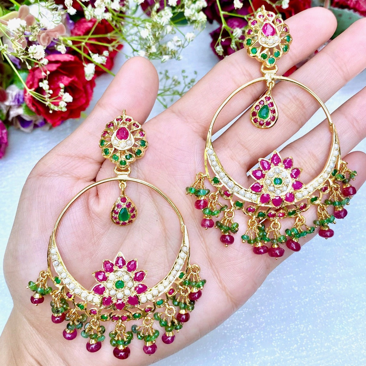 big gold plated punjabi chand balas in silver