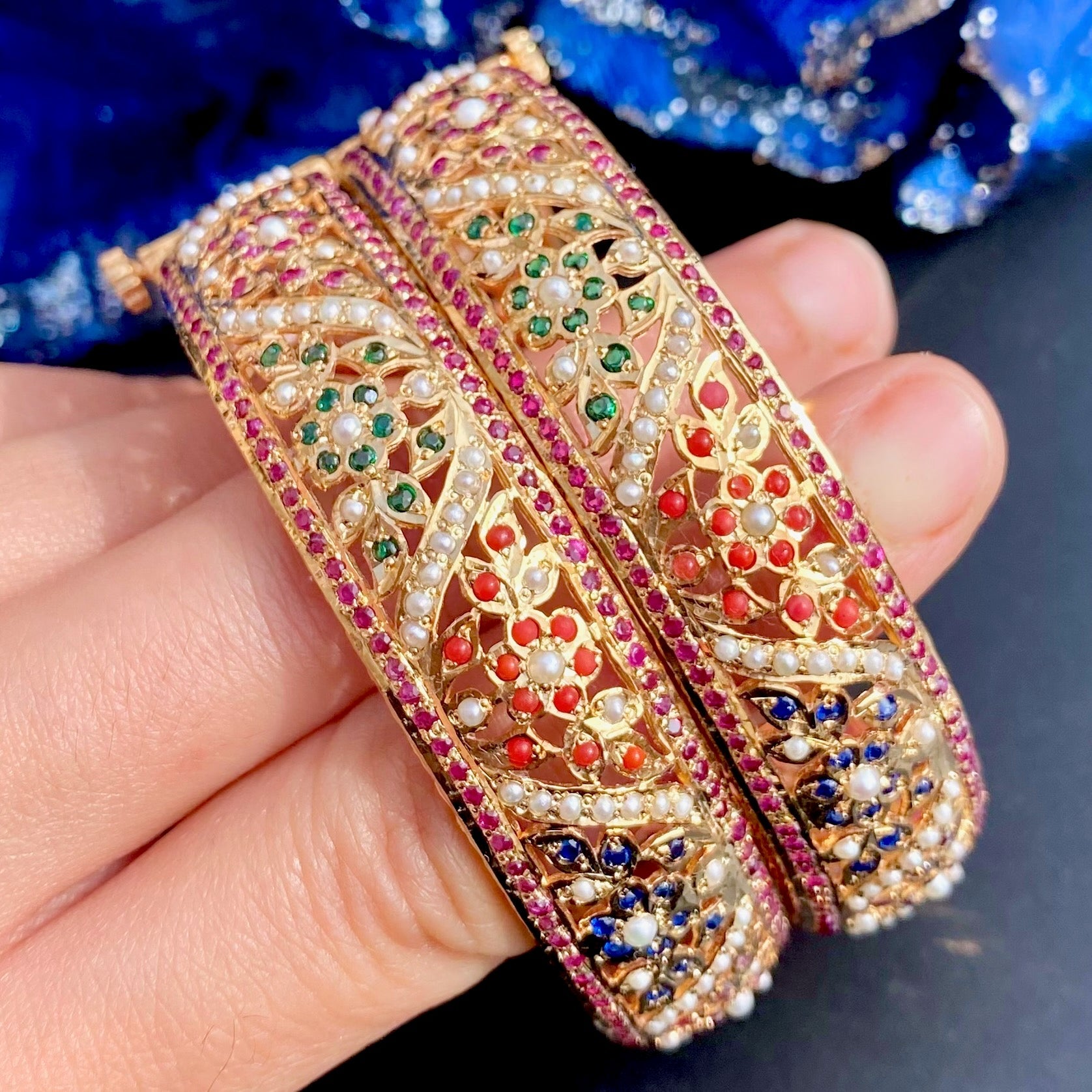 Exquisite Navratan Bangles | Gold Plated Classic Jadau Jewelry on Silver
