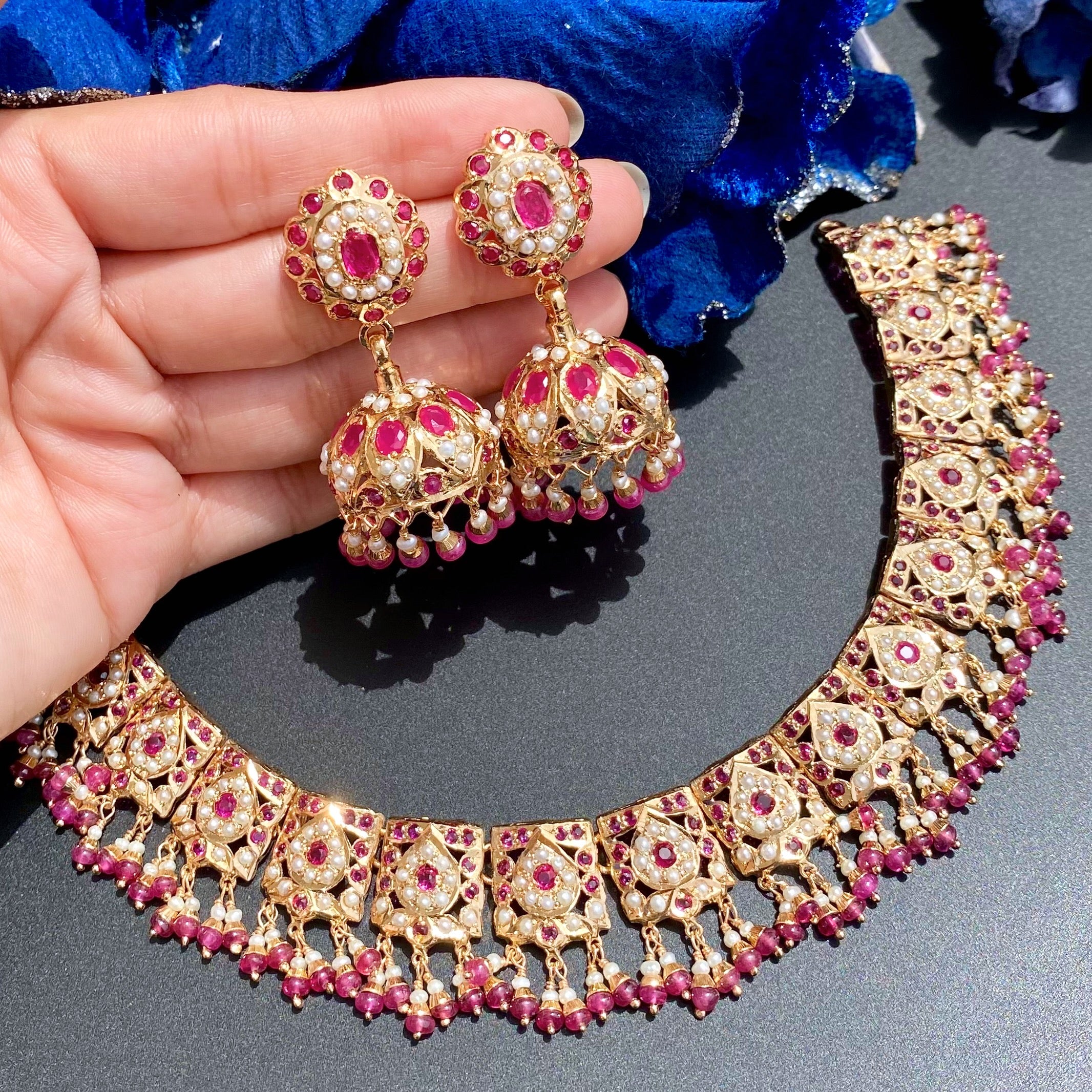 Sophisticated Jadau Necklace with Jhumka Earrings | Gold Plated on Silver