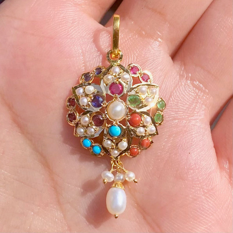 round navratna pendant only in 22k gold studded with precious stones gp 9