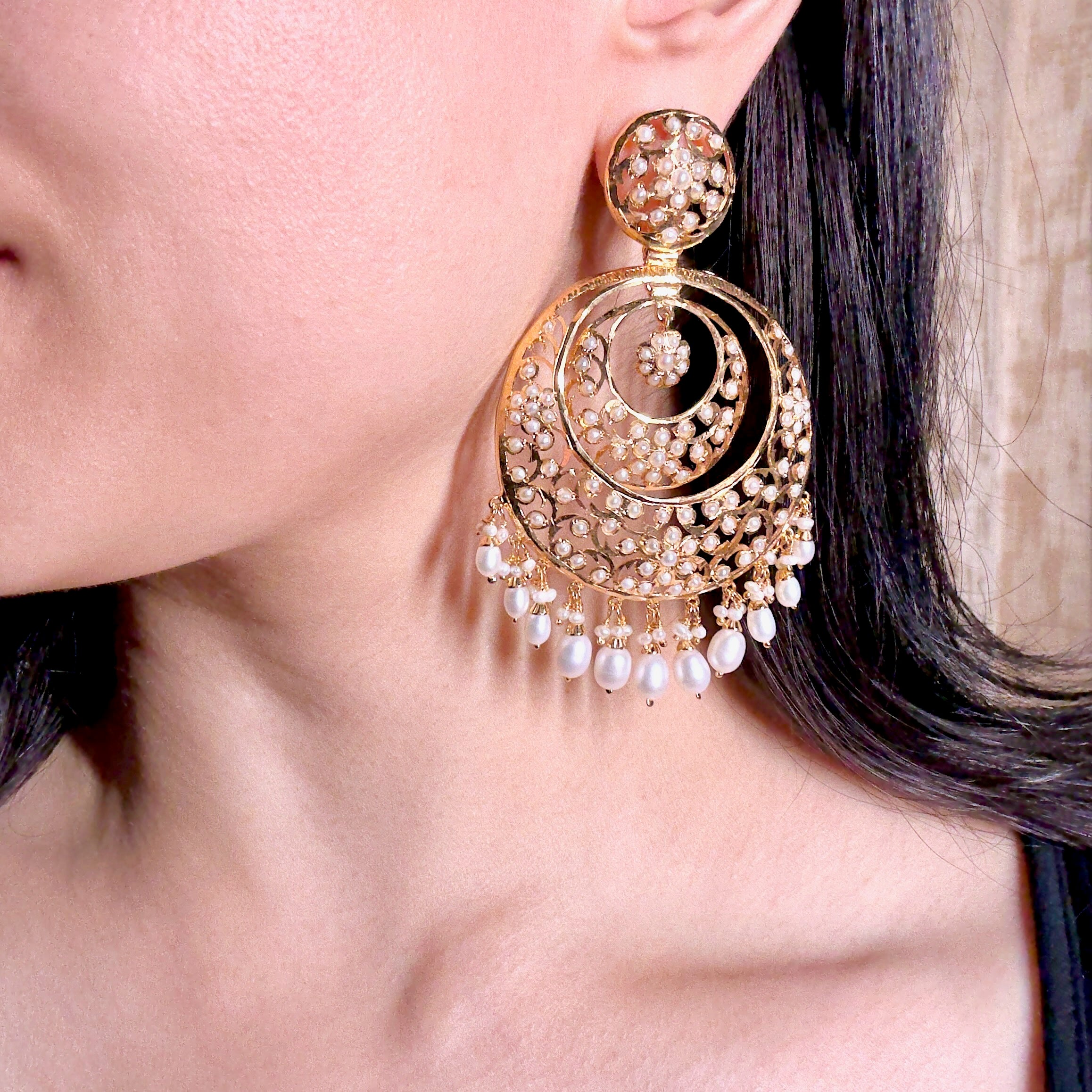 Intricate Jadau Earrings | Antique Design Fusion Jewelry | Authentic Freshwater Pearls ER 797