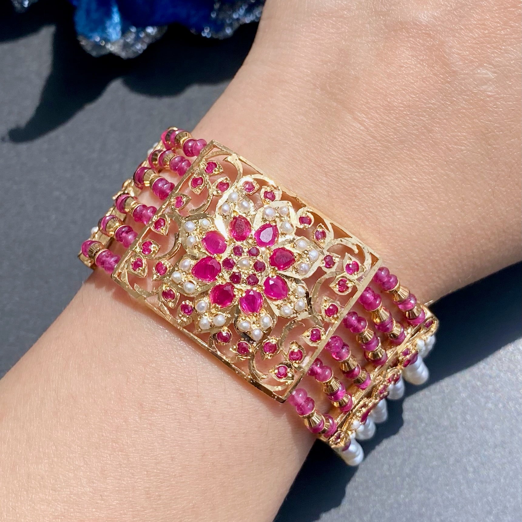 Ruby Red Jadau Bracelet | Gold Plated on Silver | Real Pearl & Ruby Beads BG 115