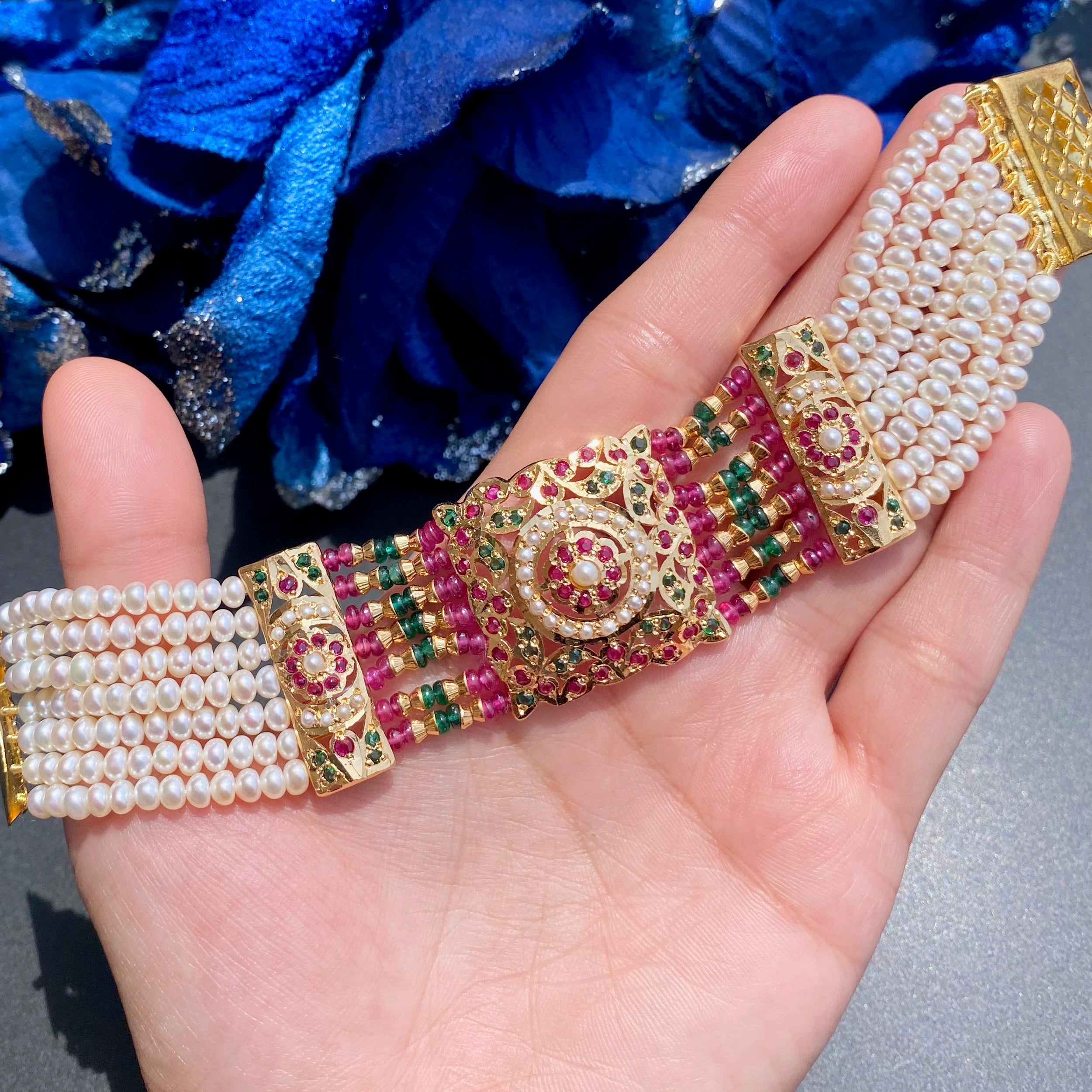 Traditional Punjabi Bracelet For Women | Ruby Emerald Pearl Combination | Gold Plated