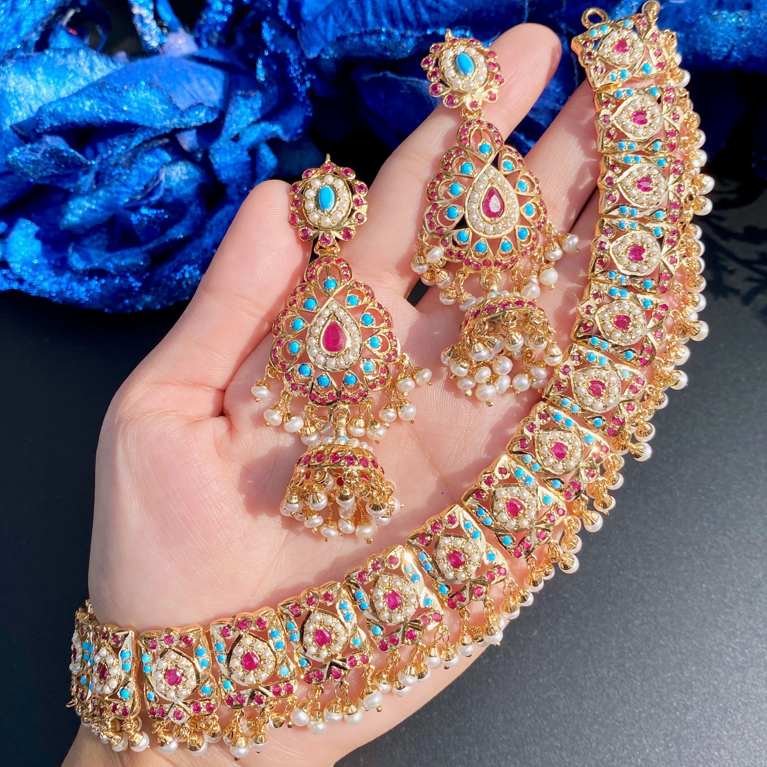 Multicoloured Jadau Necklace Set | Traditional Jadau Necklace with Jhumkas NS 215
